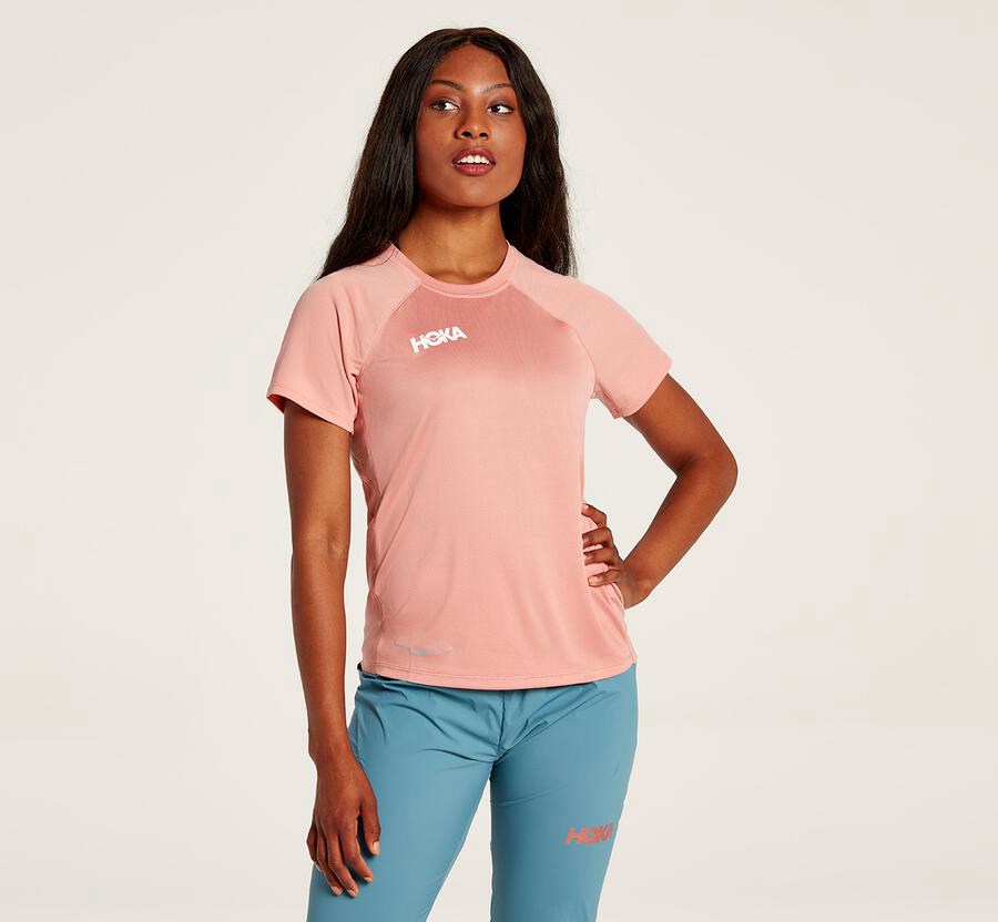 Hoka Australia One One Performance Short Sleeve - Womens Tops Pink - TFVXR-1934